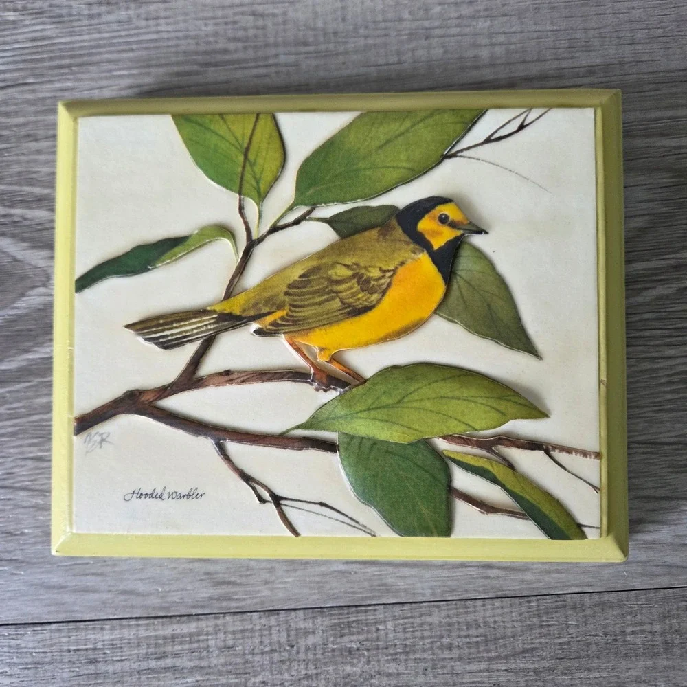 Vintage 1973‎ 3D Paper Tole Bird Wall Art Set 4 Wood Plaques Yellow Cottagecore